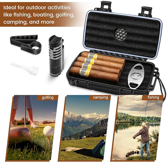 Flauno Travel Cigar Humidor Case - Portable Humidor Kit with Lighter (Without Gas), Cutter, Holder, Humidifier & Dropper, Waterproof, Crushproof, Airtight Seal (Holds up to 5 Cigars)