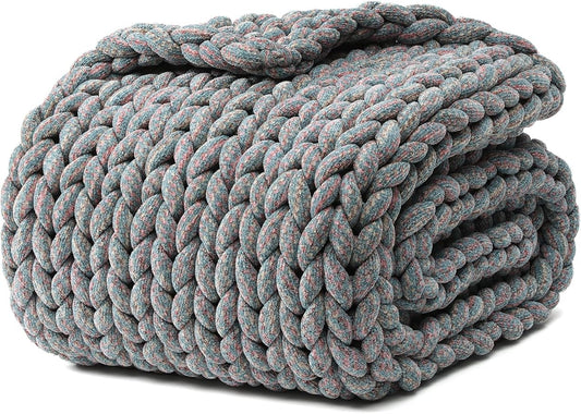 YnM Chenille Weighted Blanket, Handmade Chunky Knitted Design, Soft and Cozy, Temperature Regulating and Breathable, Machine Washable Throw for Sleep or Home Decor (Red Blue, 50x60 Inch, 10lbs)