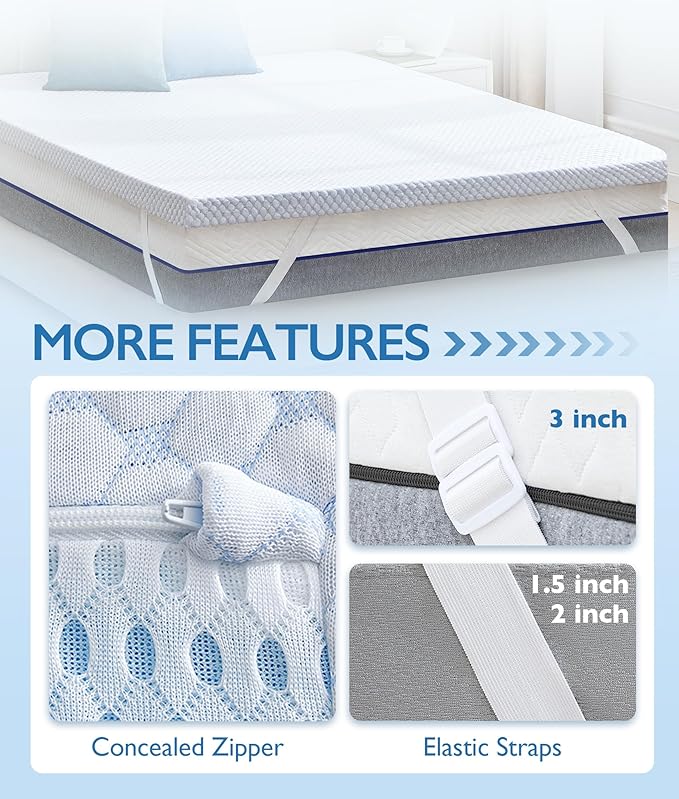 SINWEEK 2 Inch Queen Cooling Memory Foam Mattress Topper for Pressure Relief, Thick Bed Mattress Pad with Cooling Soft Cover and Adjustable Straps, CertiPUR-US Certified