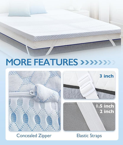 SINWEEK 2 Inch Queen Cooling Memory Foam Mattress Topper for Pressure Relief, Thick Bed Mattress Pad with Cooling Soft Cover and Adjustable Straps, CertiPUR-US Certified