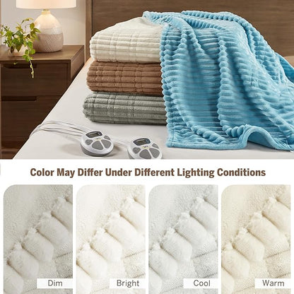 Serta Electric Blanket, Soft, Ribbed, Plush Heating Blanket Queen for Office, Couch, 1-12 hr Auto Shut Off Timer, 10 Lv Heating, ETL Certified, Queen 84"x90" Marshmallow