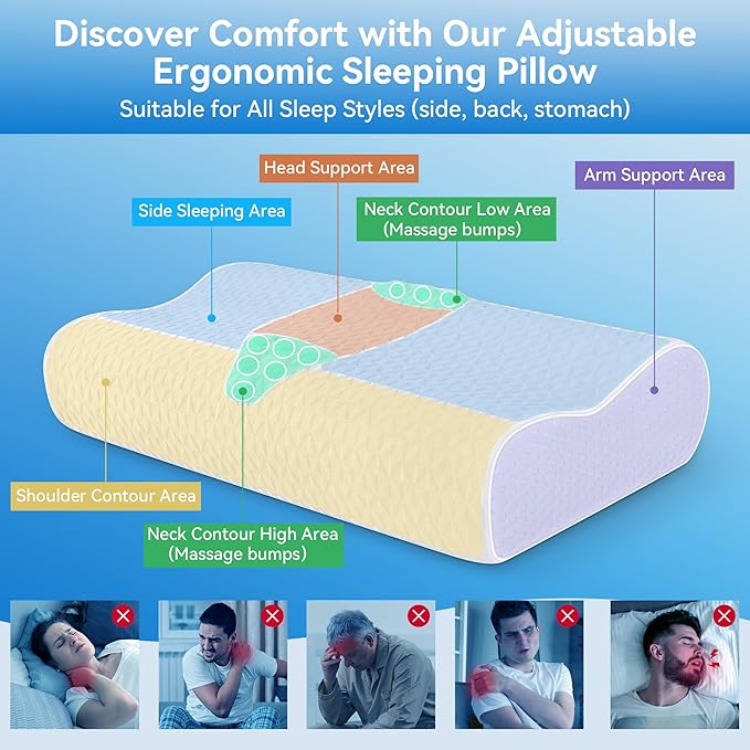 Cervical Neck Pillow for Pain Relief- Queen Size Cooling Pillow for Sleeping, Memory Foam Pillows for Neck Shoulder, Ergonomic Adjustable Contour Bed Pillow for Side, Stomach & Back Sleepers