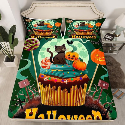 Happy Halloween Green Bedding Set Full Size,Sweet Candy Pumpkin Cake Dessert Trippy Fitted Sheet,Glitter Moon Mystic Bat Cat Animal Sheet Set for Kids Teens Adults Bedroom Decor,2 Pillowcases