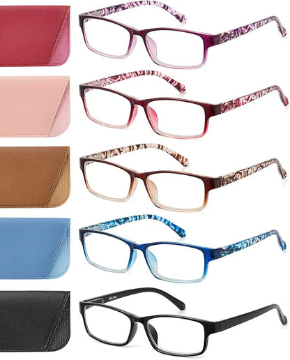 Reading Glasses for Women, 5 Pack Blue Light Blocking Readers, Lightweight Eyeglasses with Spring Hinge