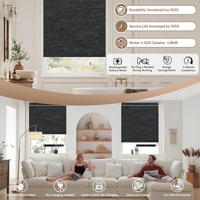 Kincmo No Drill Motorized Blinds with Remote, 100% Blackout Roller Shades for Windows, Custom Electric Blinds Compatible with Alexa, Apple Homekit, Google Home (100% Blackout Starscape Black)