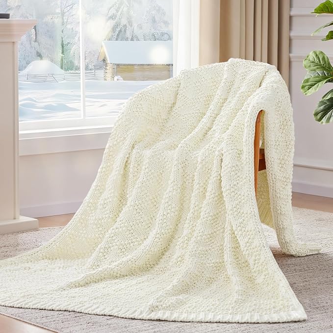 Knitted Weighted Blanket for Adult, Chunky Knit Weighted Throw for Sleep 50"*60" 5lbs, Cooling Breathable Heavy Blanket for Hot Sleepers, Machine Washable Blanket for Room Decor(Ivory White)