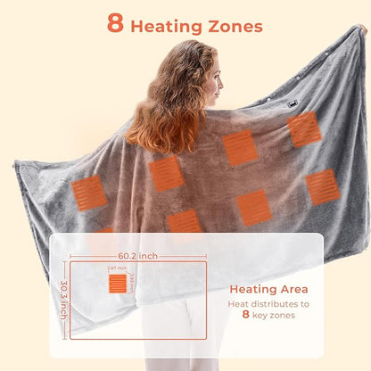 JOLLYVOGUE USB Heated Blanket Throw, Wearable & Portable Heating Electric Blanket for Adults, 3 Levels & 8 Heating Zone Shawl for Indoor & Outdoor, Light Grey (Battery Not Included)