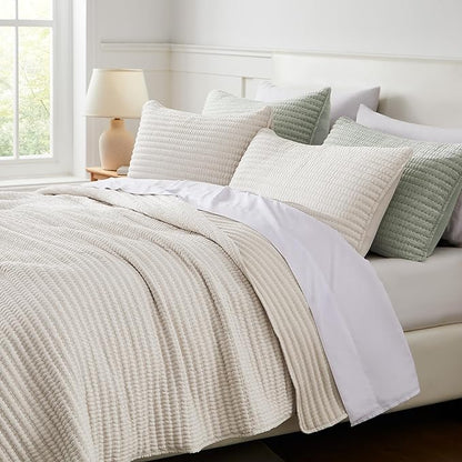 WDCOZY Beige Pick Stitch Queen Size Quilt Set, Striped Lightweight Soft Summer Spring Bedspread, Bamboo Linen Like Textured Coverlet, Chambray Farmhouse Country Rustic Bedding, Netural Thin Comforter