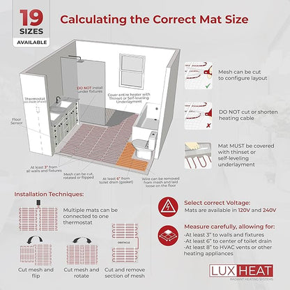 LuxHeat 150sqft Floor Heating Mat Kit - 120v Underfloor Heating System - Electric Radiant Heated Flooring System for Tile & Laminate - Includes UWG4 WiFi Programmable Thermostat w/GFCI, Alarm & Sensor
