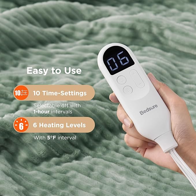 Bedsure GentleSoft Electric Blanket Twin - Soft Ribbed Flannel Heated Blanket, Heating with 10 Time Settings, 6 Heat Settings, and 8 hrs Timer Auto Shut Off, Gifts for Grandma (62x84 inches, Green)