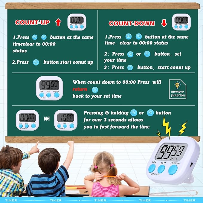 Mwellewm 12Pcs Digital Timers for Classroom Kitchen Timers for Cooking Small Magnetic Stopwatch Mini Countdown Timer Loud Alarm Stop for Study Work Baking Sports Games Office Timer Clock (White)