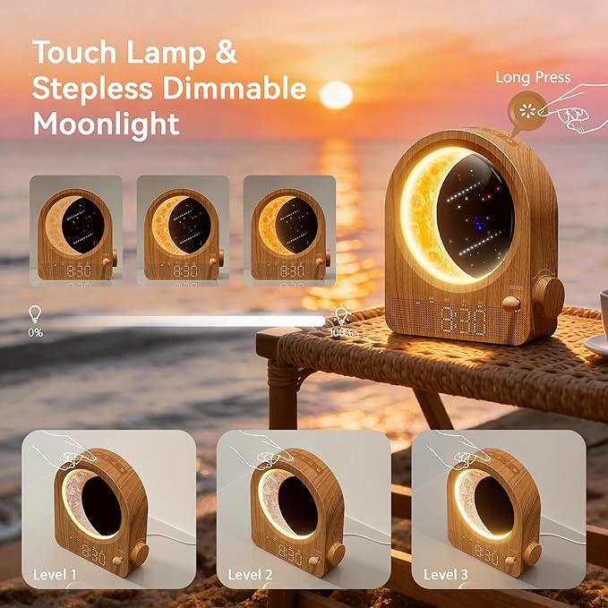 Sunrise Alarm Clocks with Dimmable Moon Lamp, 2 Alarm Clocks with 12Levels Volume for Heavy Sleepers, 10 Natural Sounds with 30/60/90mins Timer for Bedrooms, Gifts for Women (Brown Woodgrain)