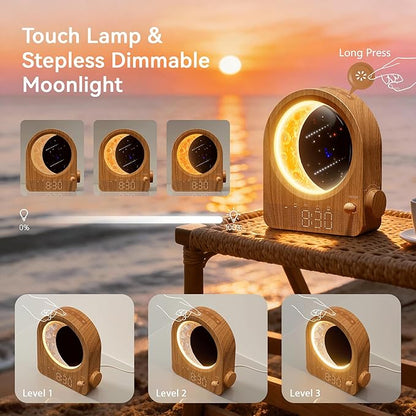 Sunrise Alarm Clocks with Dimmable Moon Lamp, 2 Alarm Clocks with 12Levels Volume for Heavy Sleepers, 10 Natural Sounds with 30/60/90mins Timer for Bedrooms, Gifts for Women (Brown Woodgrain)
