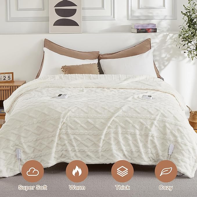 CAROMIO Electric Blanket King Size Dual Control - Thick Tufted Sherpa Heated Blanket with 10 Heating Levels and 10 Time Settings, ETL Certified Fast Heating Blankets King Size 90"×100", White