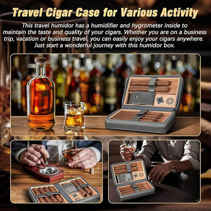 TISFA Cigar Humidor Case Leather Cedar Wood Lined Cigar Box with Cigar Lighter, V Cutter, Holder Stand 3 in 1, Hygrometer Humidifier 2 in 1, Travel Humidor Cigar Case Hold 6 Cigars (Textured Gray)