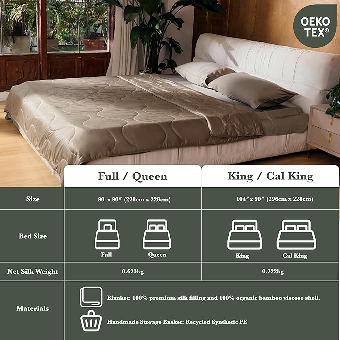 Silk Comforter King Size | 100% Mulberry Silk Fill with Organic Bamboo Viscose Shell | Summer Cooling Blanket for Hot Sleepers, Lightweight Breathable All-Season Bedding (Walnut, 104"x90")