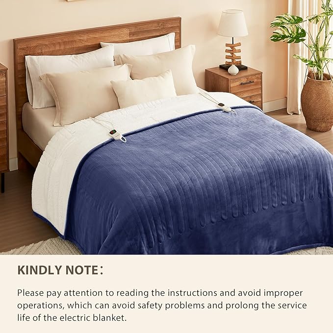 Homemate Electric Heated Blanket Twin - 62"x84" Heating Bed Blankets Throw with 10 Heating Levels 8 Hours Auto Off Fast Heating Over-Heated Protection Ultra Soft Warm Flannel ETL Certified Navy Blue