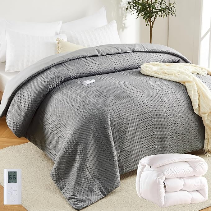 GarveeHome King Heated Comforter Electric Blanket, 104"x90" Waffle Weave Heating Blanket with Wireless LCD Controller, 6 Heat Levels & 2-10H Time Settings, UL Certified, Grey