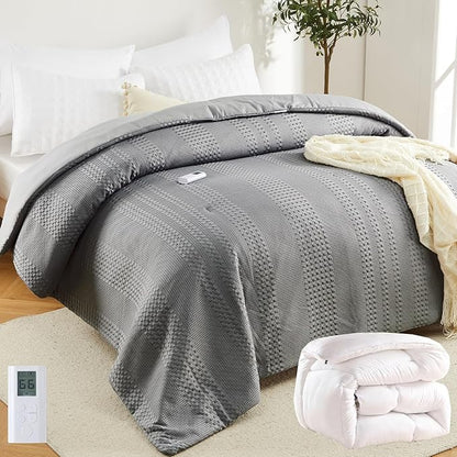 GarveeHome King Heated Comforter Electric Blanket, 104"x90" Waffle Weave Heating Blanket with Wireless LCD Controller, 6 Heat Levels & 2-10H Time Settings, UL Certified, Grey