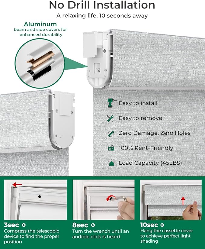 Allesin No Drill Motorized Blinds with Remote | Rechargeable Smart Blackout Roller Shades, Cordless Electric Window Blinds for Bedroom, Living Room, Home Office, Snow-Jacquard 34.5x72 Inches