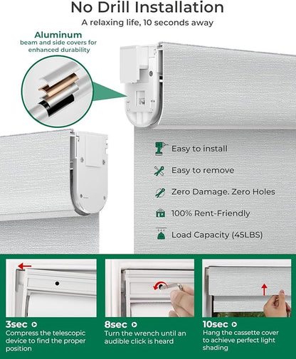 Allesin No Drill Motorized Blinds with Remote | Rechargeable Smart Blackout Roller Shades, Cordless Electric Window Blinds for Bedroom, Living Room, Home Office, Snow-Jacquard 28.5x72 Inches