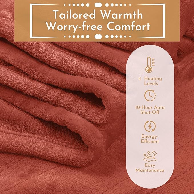 Electric Heated Blanket 84"x90" Queen Size Flannel Heated Blanket, Cozy & Warm for All Night, 5 Heat Settings & 10 Hours Auto Off, Machine Washable, Brick Red