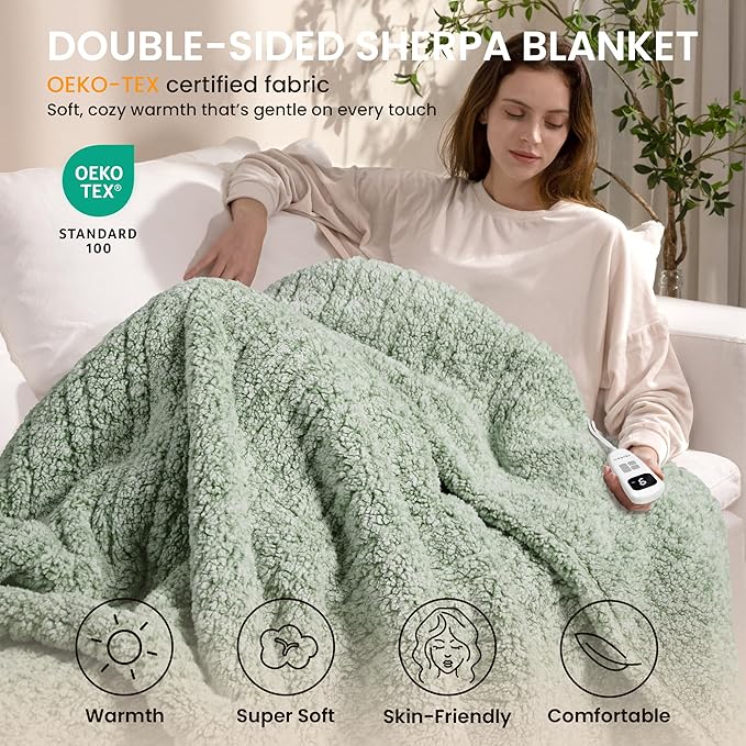 Heated Blanket Electric Blanket Throw - Fast Heating Blanket Throw Double Sided Sherpa Ultra Soft Cozy with 6 Heating Levels & 1-4 Hours Auto Off, Mashine Washable, 50 x 60 Inches, Sage