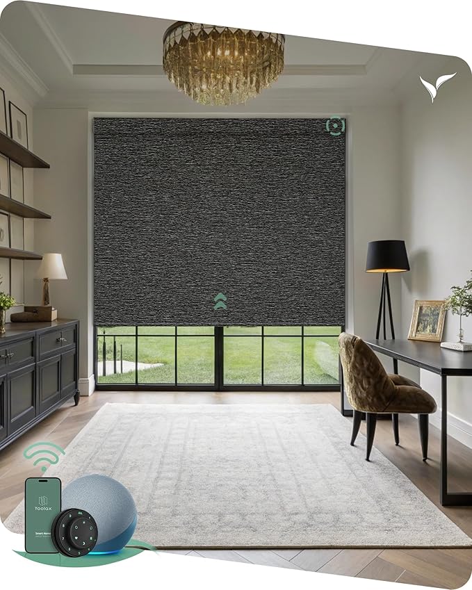 Yoolax Motorized Blinds with Remote, Smart Blinds for Windows Blackout Automatic Shades Compatible with Alexa Remote Control Roller Window Shades with Valance, Custom Size (V-Shimmer Horizontal Black)