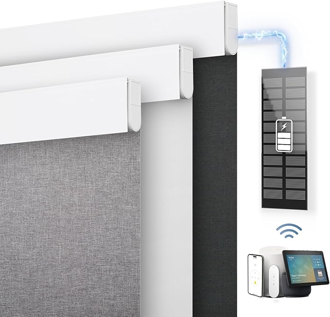 DENFOON Motorized Blinds with Remote Control, Blackout Smart Blinds with Complimentary Solar Panel, Cordless Automatic Roller Shades for Windows (White 35" W x 72" H)