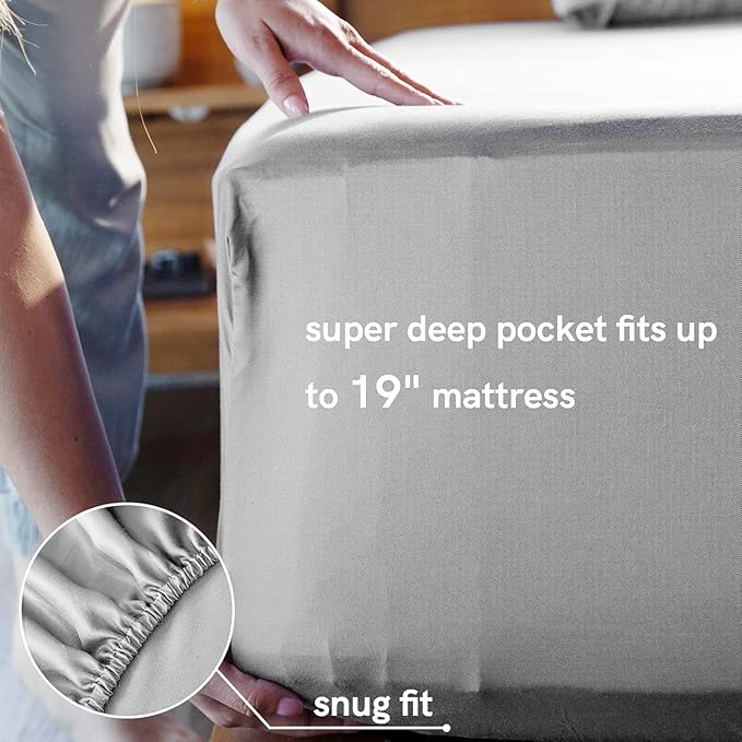 YnM Cooling Bed Sheet Set with 100 Percent Rayon Derived from Bamboo, 400TC Fabric with 2 Pillowcases and Flat Sheet, Deep Pocket Fit 19'', Silky-Soft & Sweat Wicking, 4 Piece (Queen, Light Grey)