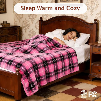 Electric Heated Blanket 90"x100",Fast Heating King with 8 Hours Auto Off/8 Heats Levels,Soft Pink Plaid Sherpa Electric Blanket with ETL Certification & Over-Heat Protection