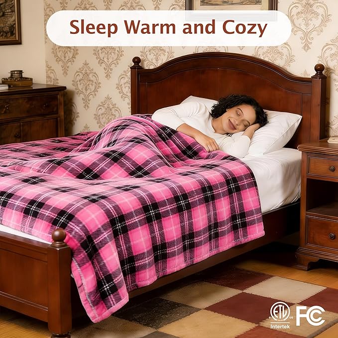 Electric Heated Blanket 50"x60",Fast Heated Throw with 8 Hours Auto Off/8 Heats Levels,Soft Pink Plaid Sherpa Electric Blanket with ETL Certification & Over-Heat Protection