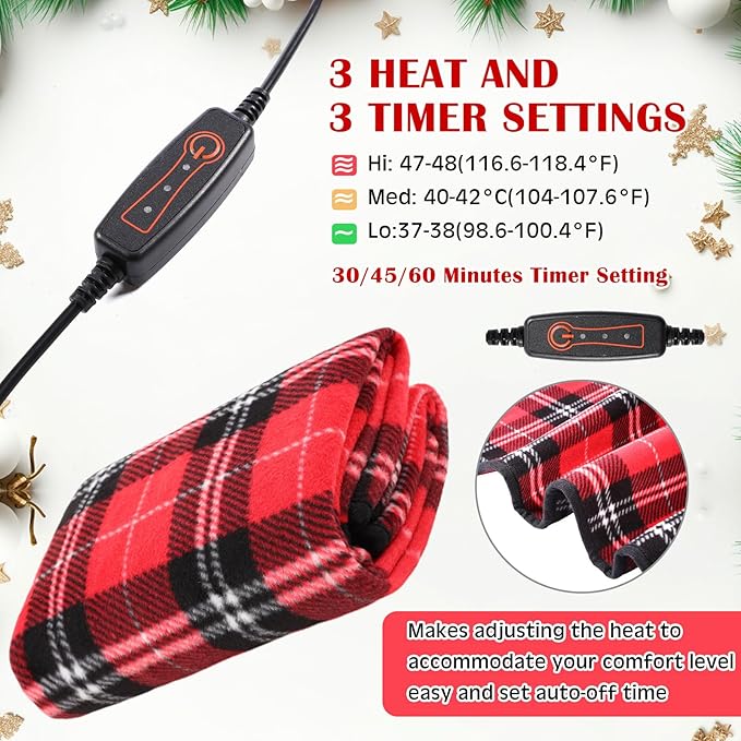 Tuanse 2 Pcs USB Heated Blanket 25"x35" Small Portable 5v 3 Setting Electric Blanket with Timer and Temperature Controller Winter Wearable Recharge Throw for Travel Home(Rose Red Plaid)