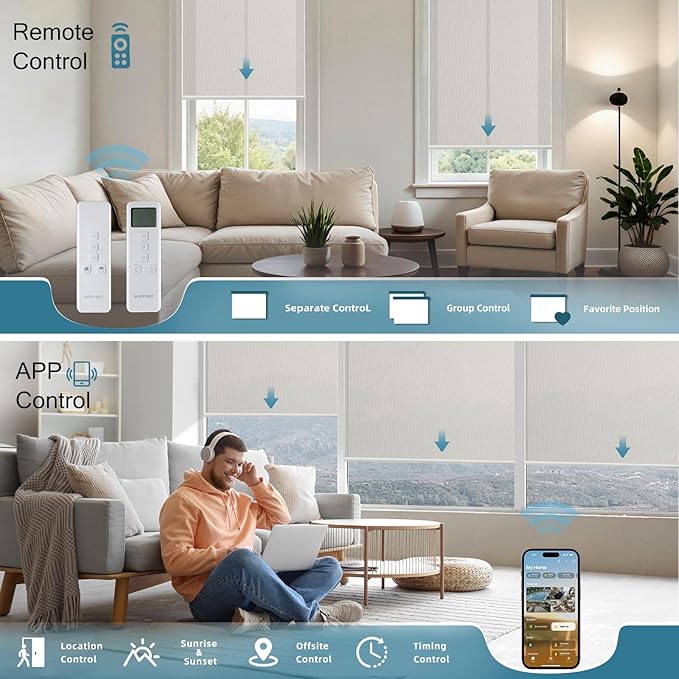 Motorized Light Filtering Roll Shades Work with HomeKit,1% Openness Smart Blinds for Windows, Electric Blinds with Remote, APP/Voice Control, Automatic Solar Shades,1% Openness Aventus Beige
