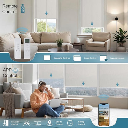 Motorized Light Filtering Roll Shades Work with HomeKit,1% Openness Smart Blinds for Windows, Electric Blinds with Remote, APP/Voice Control, Automatic Solar Shades,1% Openness Aventus Beige