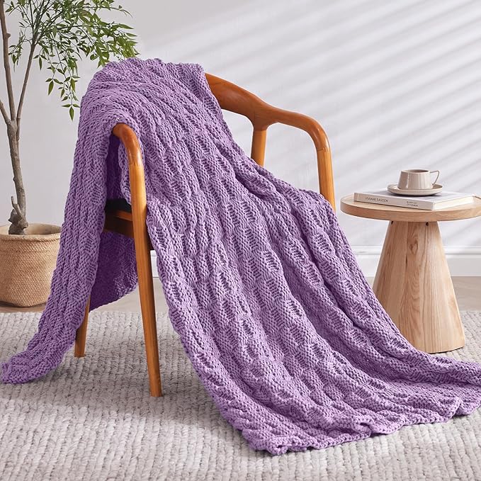 Knitted Weighted Blanket Adult, No Beads Heavy Blanket 50” x 60'' 5lbs, Breathable Chunky Knit Blanket, Cooling Weighted Blanket for Hot Sleepers, Christmas Home Decor (Lilac)