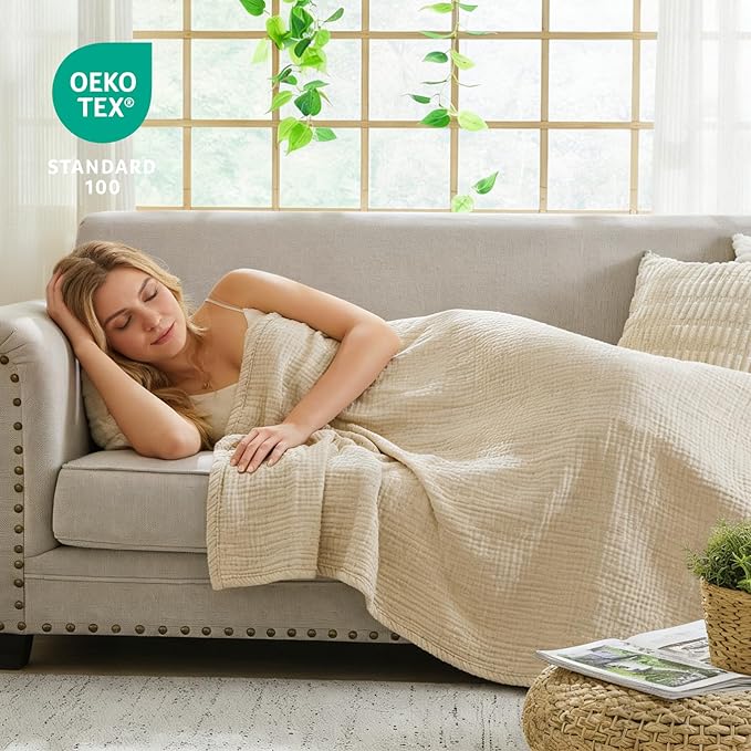 EMME Cotton Bed Blanket Twin Size Soft Muslin Boho Bedding Lightweight Breathable Light Tan Twin Blanket All Season Gauze