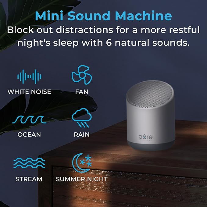 Pure Enrichment Wave Mini Travel Sound Machine - 6 Soothing Sounds Including White Noise, Seamless Loop Audio, Rechargeable Battery, 48 Hour Run Time, Optional Timer, and Storage Bag