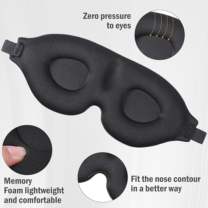 Sleep Mask for Side Sleeper Women Men, 3D Contoured Sleeping Mask, 99% Light Blocking Zero Eye Pressure Cup Blindfold with Adjustable Elastic Strap and Foam Ear Plugs for Sleeping, Yoga, Traveling