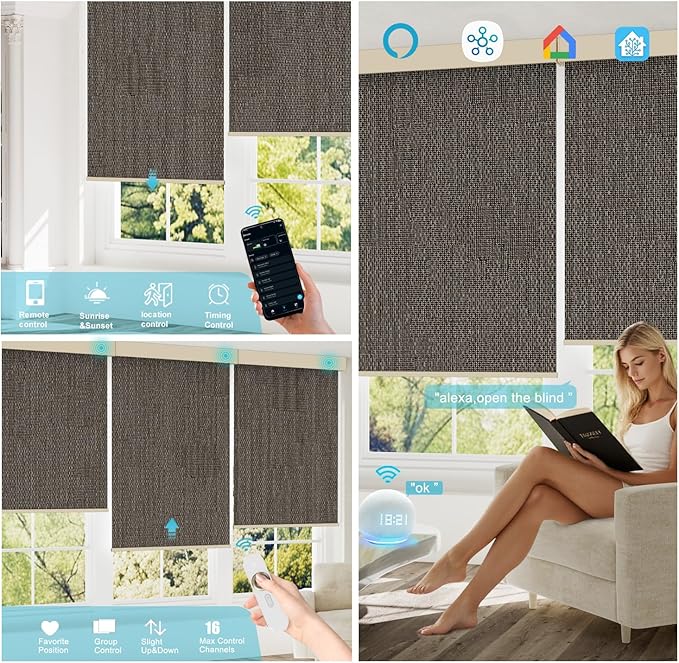Motorized Blinds with Remote, 100% Blackout Smart Blind Roller Shades Compatible with Alexa Homekit, Automatic Electric Shades for Windows Customized Size（Elegant-Brown）