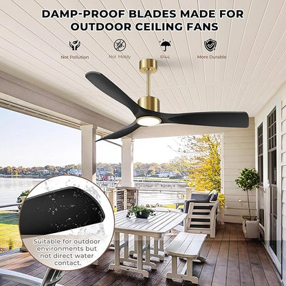 60" Smart Ceiling Fan with Lights,Outdoor Ceiling Fan Work with Alexa/Gg/App/Remote,3-Color Light Dimmable 6-Speed Quiet Reversible for Patio Porch Bedroom,Black and Gold