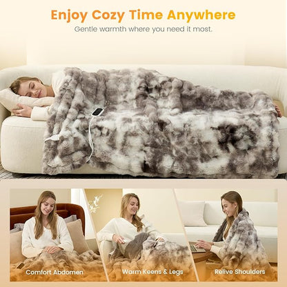 Amélie Home Heated Bubble Faux Fur Blanket Electric - 50"x60" Heating Blanket Throw 2/4/6/8 Hours Auto-Off 8 Heat Level Over-Heat Protection Electric ETL Certification Tie-dye Grey