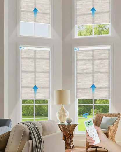 Motorized Light Filtering Roller Shades with Remote Control, Smart Blinds for Windows Work with Alexa Google via Hub, Rechargeable Electric Window Shade Customized Size (Texture Light Coffee)