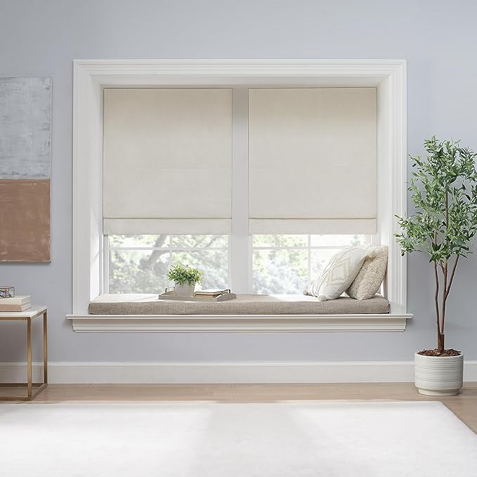 Eclipse Drew Roman Shades for Windows, Cordless 100% Blackout Shades, 23 in Wide x 64 in Long, Noise Reducing, Energy Efficient and Textured Solid Window Shades for Living Room, Bedroom, Ivory