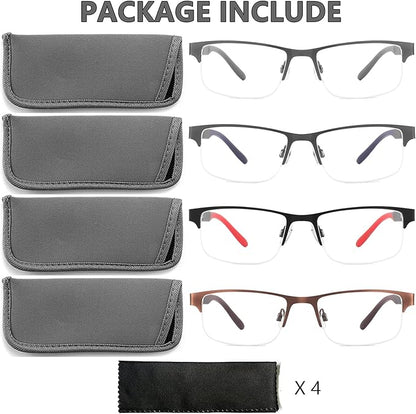 4 Pack Reading Glasses for Men, Blue Light Blocking Computer Readers, Anti UV Ray/Eye Strain/Glare, Metal Frame Eyeglasses with Pouches(400 Magnification Strength)