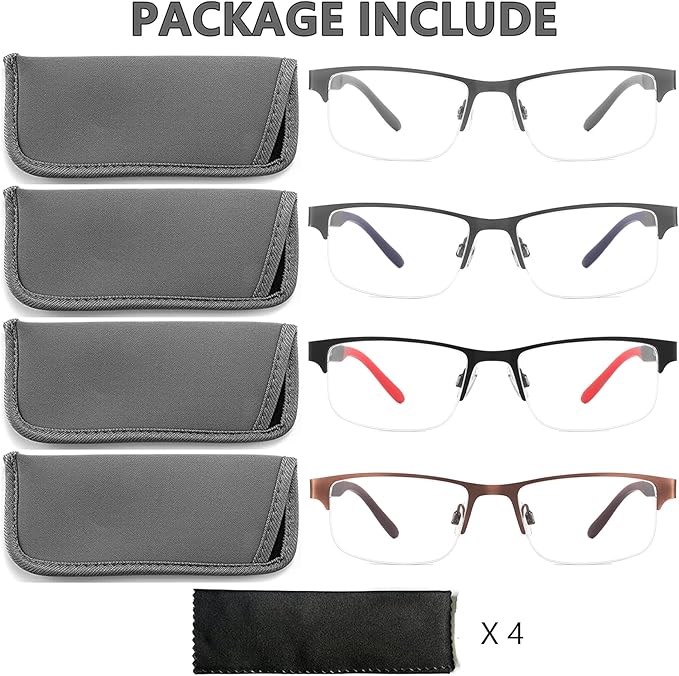 4 Pack Reading Glasses for Men, Blue Light Blocking Computer Readers, Anti UV Ray/Eye Strain/Glare, Metal Frame Eyeglasses with Pouches(275 Magnification Strength)