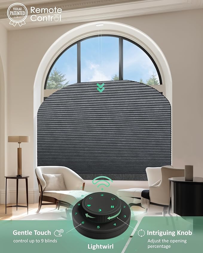 Yoolax Smart Cellular Shades, Motorized Elongated Arch Honeycomb Blind Motorized Blinds with Remote Compatible with Alexa, Customized Elongated Arch Cellular Shades (Blackout Texture Dark Grey)
