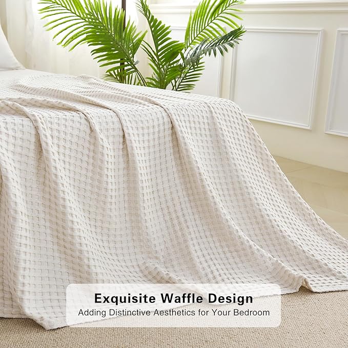 Aganear Waffle Blanket - Lightweight Breathable Summer Blanket of 50% Cotton and 50% Rayon Derived from Bamboo for Hot Sleepers Luxury Throws for Bed, Couch and Sofa,Beige,90x90 Inches