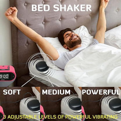 Riptunes Loud Alarm Clock with Bed Shaker for Heavy Sleepers & Hearing Impaired - Dual Alarm for Bedroom Weekday and Weekend Settings USB Charging, Dimmer, Snooze