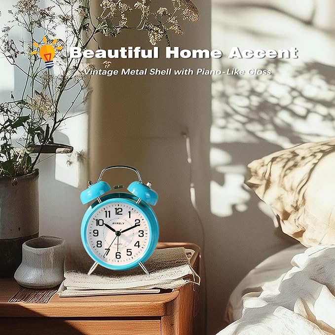 AYRELY® Super Loud Twin Bell Alarm Clock for Heavy Sleepers, 4-Inch Silent Non-Ticking Quartz with Backlight, Metal Cute Clock for Kids' Rooms (Sky Blue)
